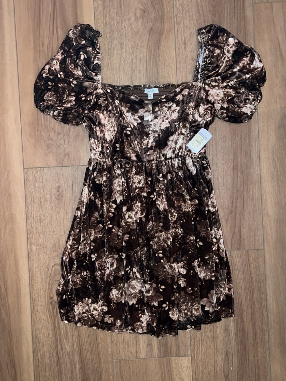Blu Pepper Brown and Cream Floral Velvet Mini Dress